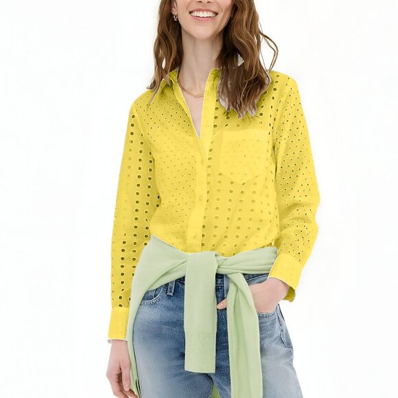 NWT J Crew Lemon Canary Yellow Eyelet Cotton Lace Shirt Blouse & Tank Top Set 4 - Picture 1 of 5
